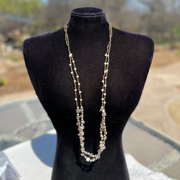 Shell & Bead Necklace Multi Strand Long Tan Ivory Layering Indo Ethnic Tribal - Picture 5 of 6